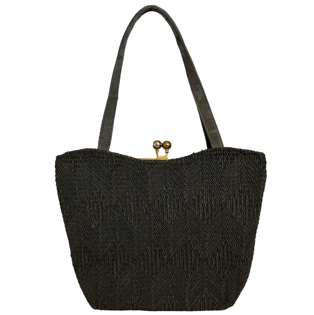 Vintage Corde Chevron Black Satchel Handbag 1940s Embroidered Hinged Frame Purse